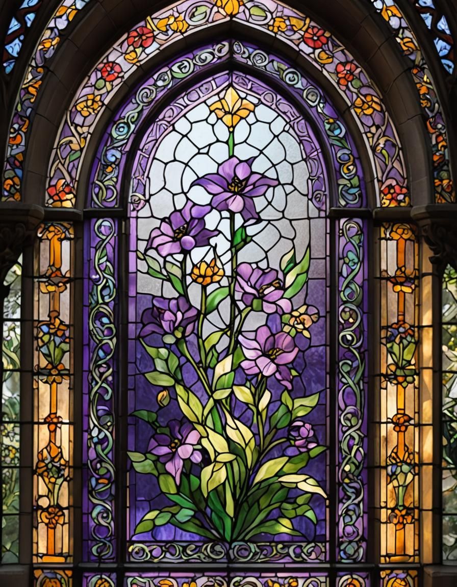 Stained Glass Art: Purple Flower in Sunlight