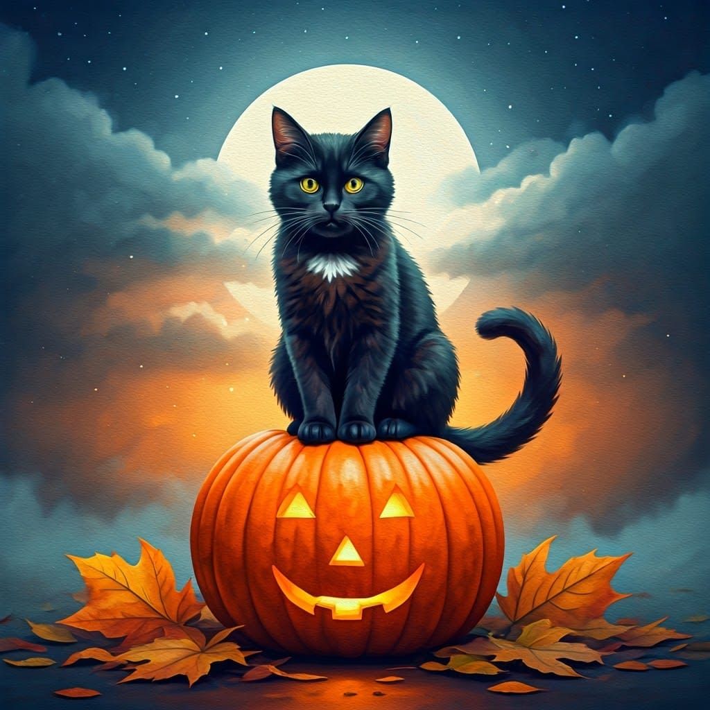 Black Cat on Pumpkin in Watercolour Autumn Landscape