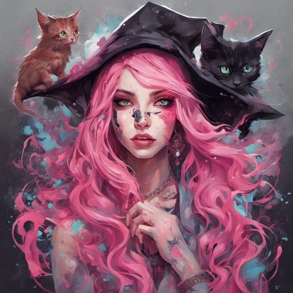 Beautiful Pink-Haired Witch in Graffiti Art Style