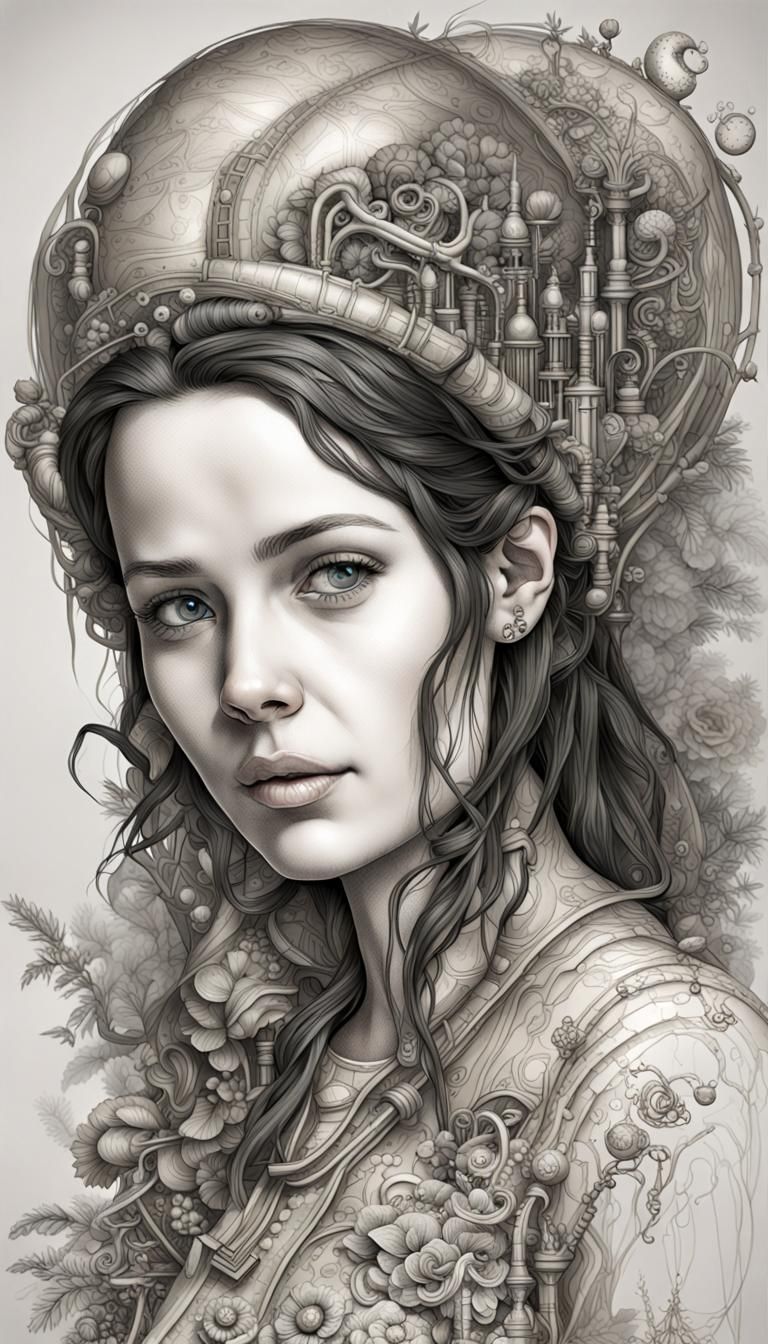 Botanical Ink Portrait in Hyperrealistic Style