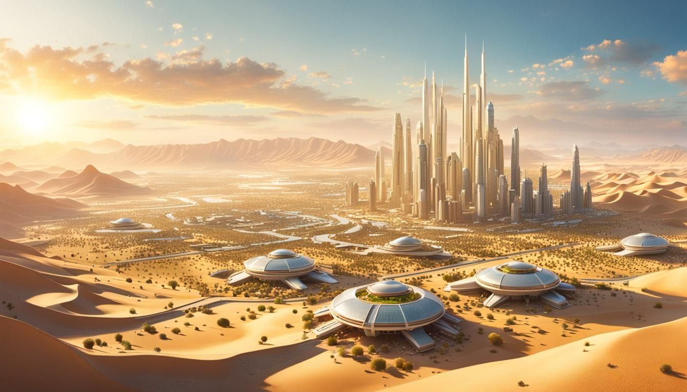 Utopian Sci-Fi Metropolis in Desert Sunset