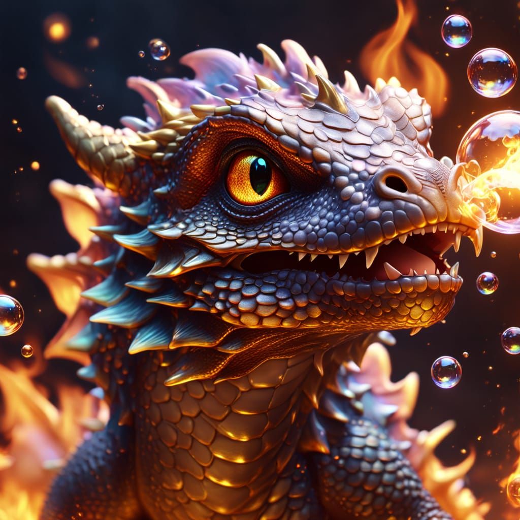 Baby Dragon Blowing Fire Bubbles: Hyperrealistic Digital Art