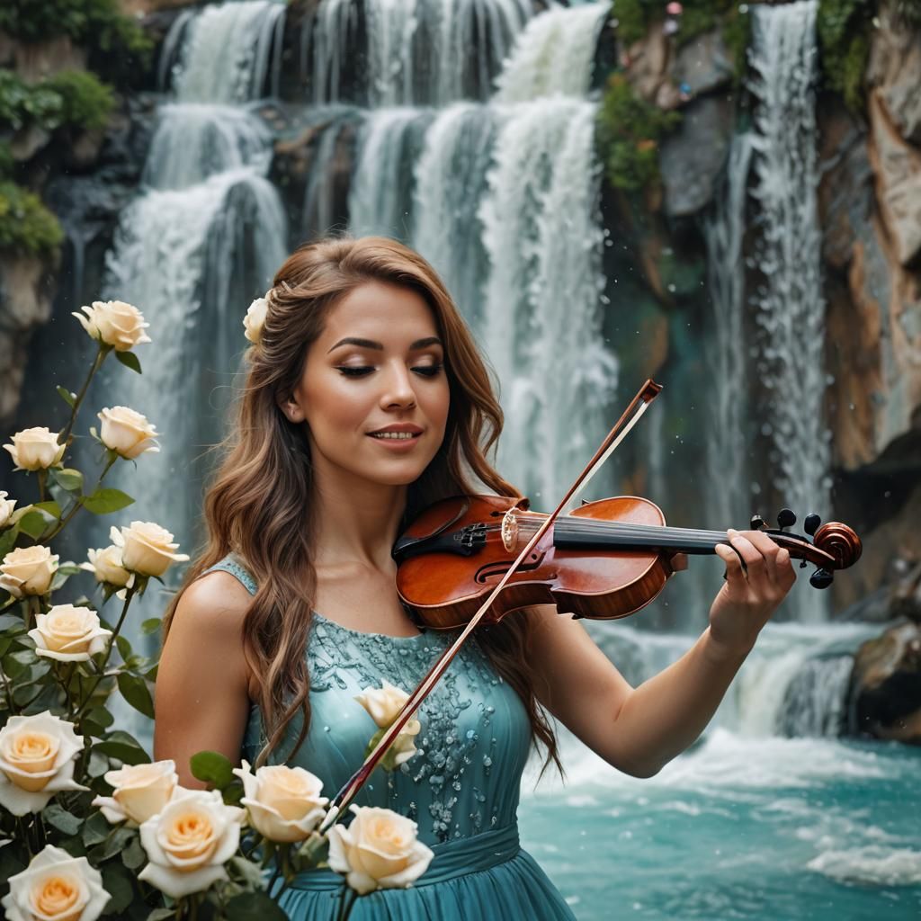 Beautiful Woman Violinist with Waterfall and Roses