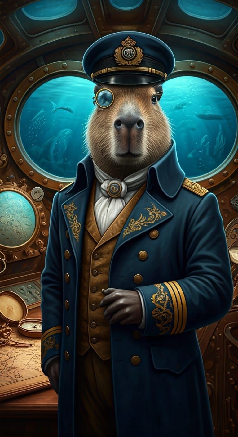 Steampunk Captain Nemo Capybara Commands Nautilus