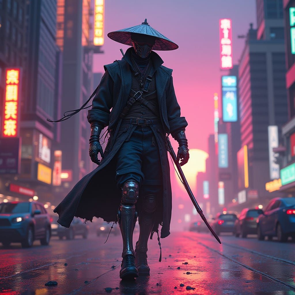 Cyberpunk Ronin in Neon Cityscape