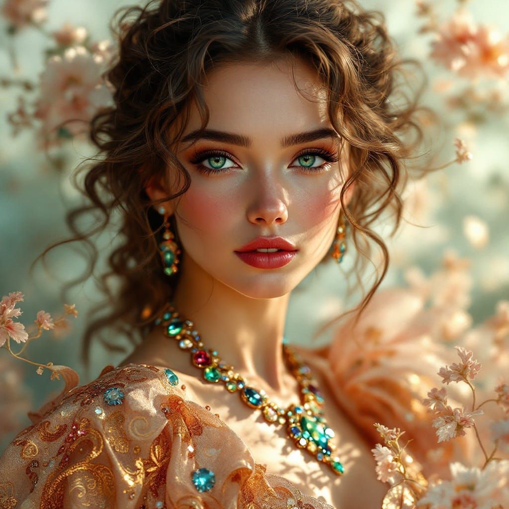 Radiant Woman in Brocade Gown, Art Nouveau Portrait