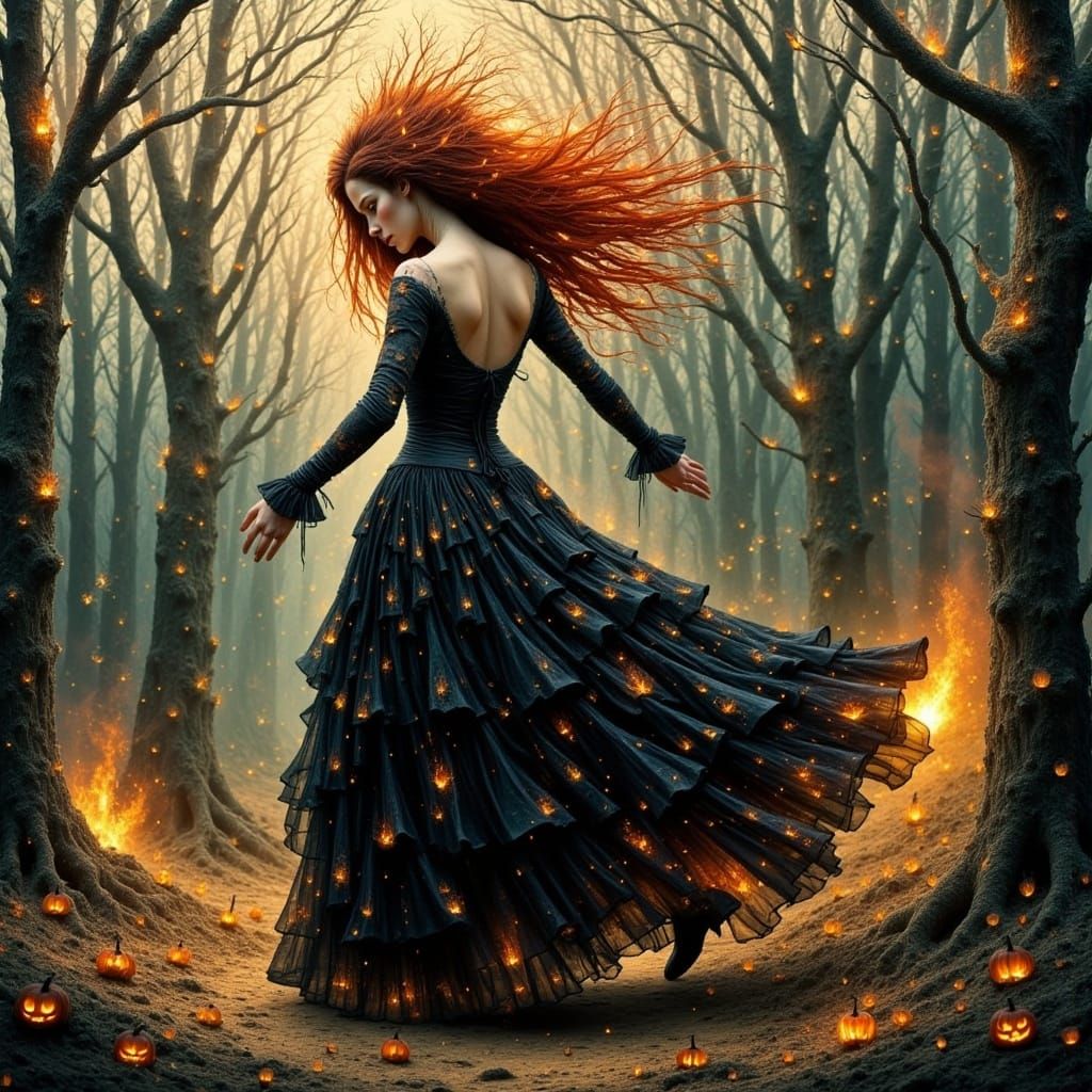 Faerie Witch Dancing at Bonfire in Hyperrealistic Style