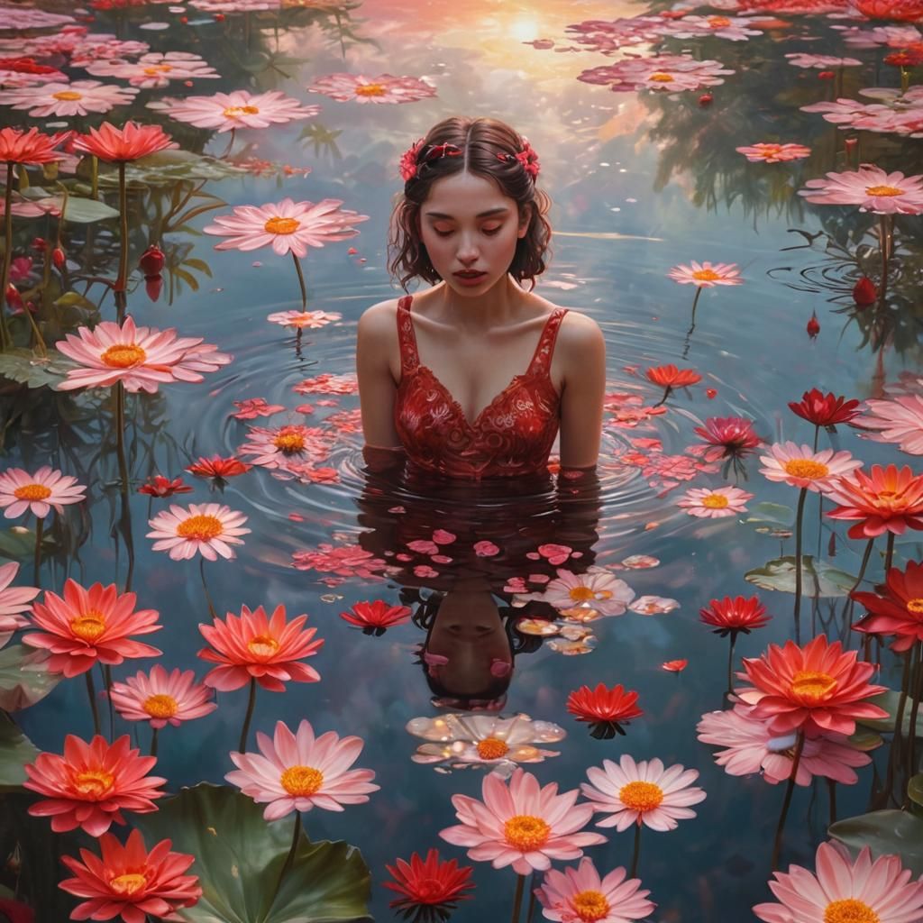 Crimson Daisies Girl in Surreal Crystal Lotus Landscape