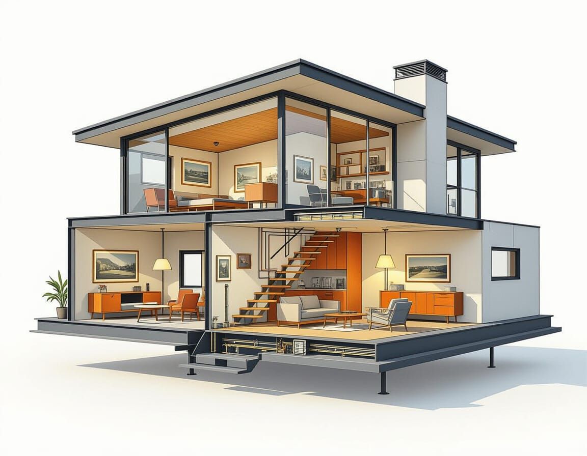 Modern House Cutaway Illustration in Technical Drawing Style