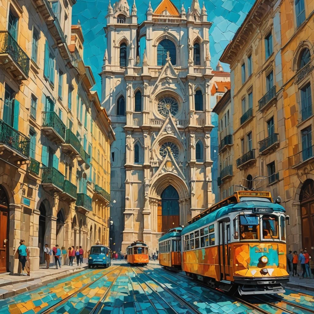 Lisbon Streetcar: Neo-Impressionist Impasto Oil Painting