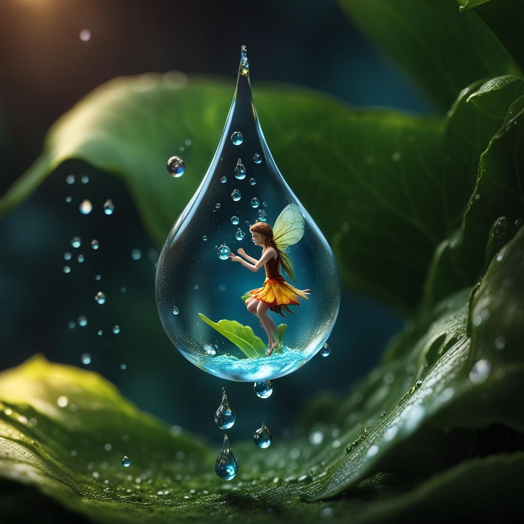 Macro Fairy in Water Droplet, Detailed Fantasy Art