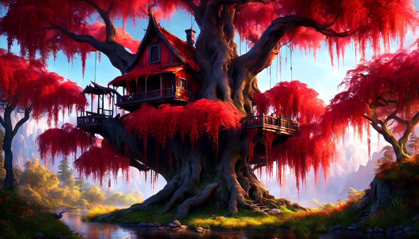 Fantastical Weeping Willow Treehouse in Vibrant Red Fantasy