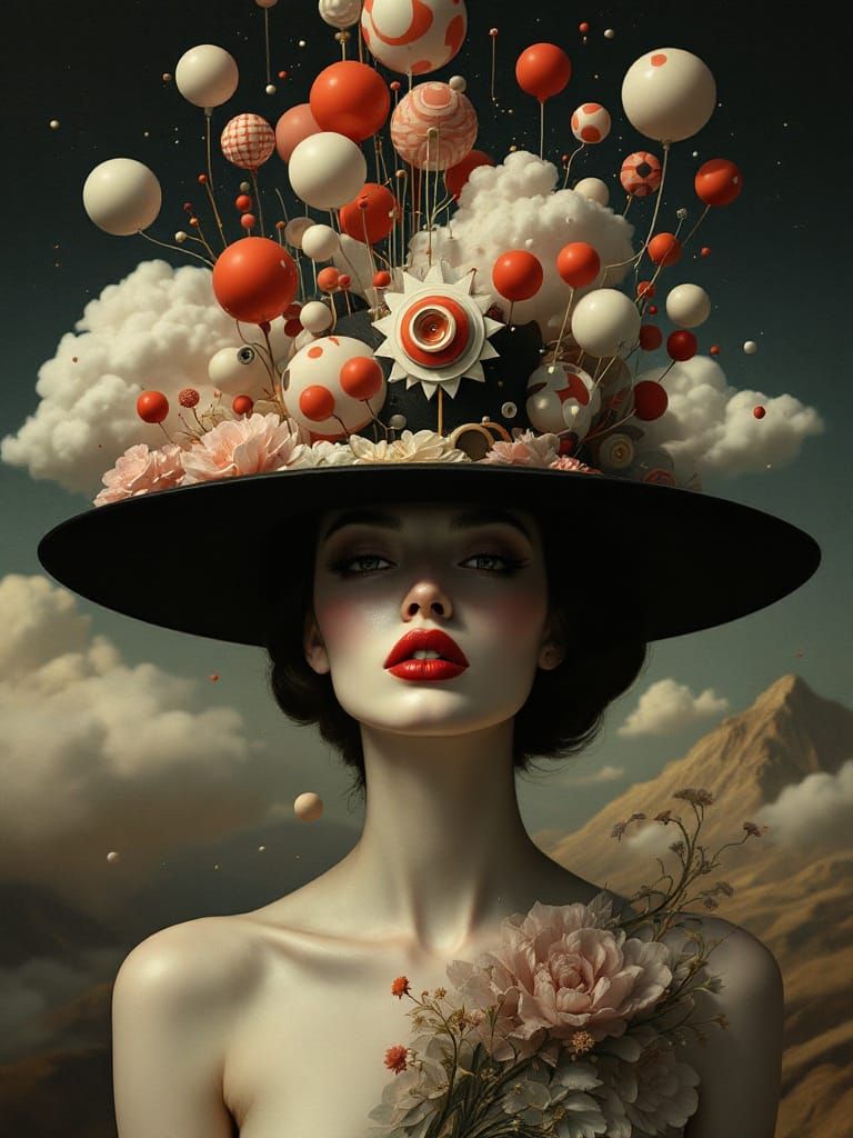Surreal Portrait of Woman with Floating Hat Objects