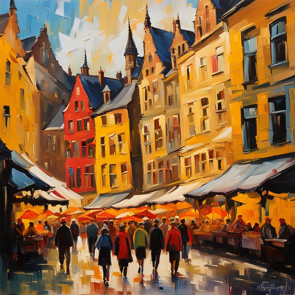 Bustling Gent, Belgium Street Scene in Neo-Expressionist Sty...