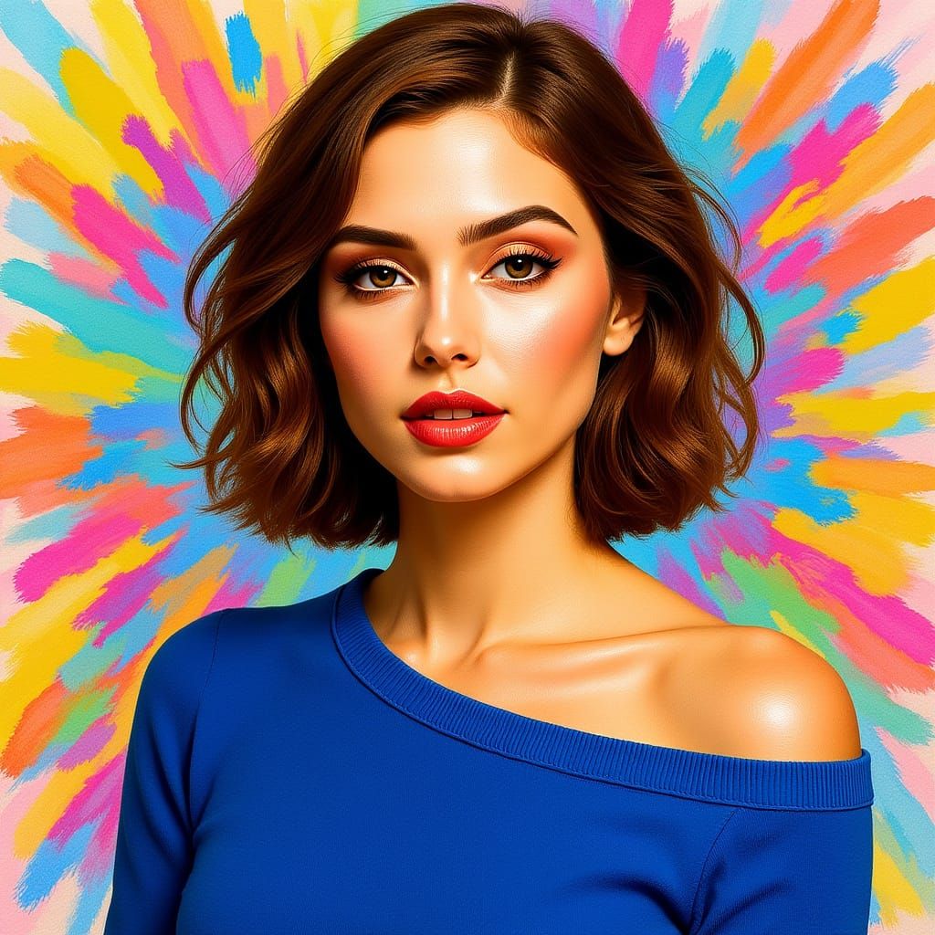 Expressive Portrait of Woman in Blue Sweater, Paint Splatter...