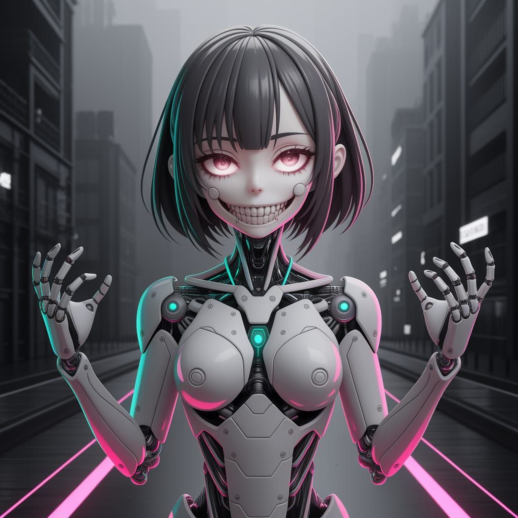 Anime Cyborg Girl with Eerie Smile, in 3D