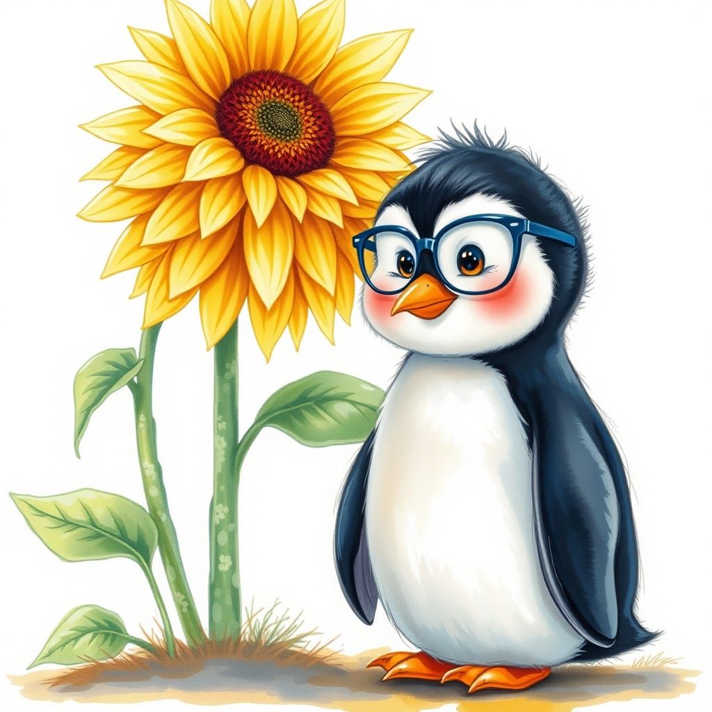 Penguin with Sunflower in Watercolor Sketch Style