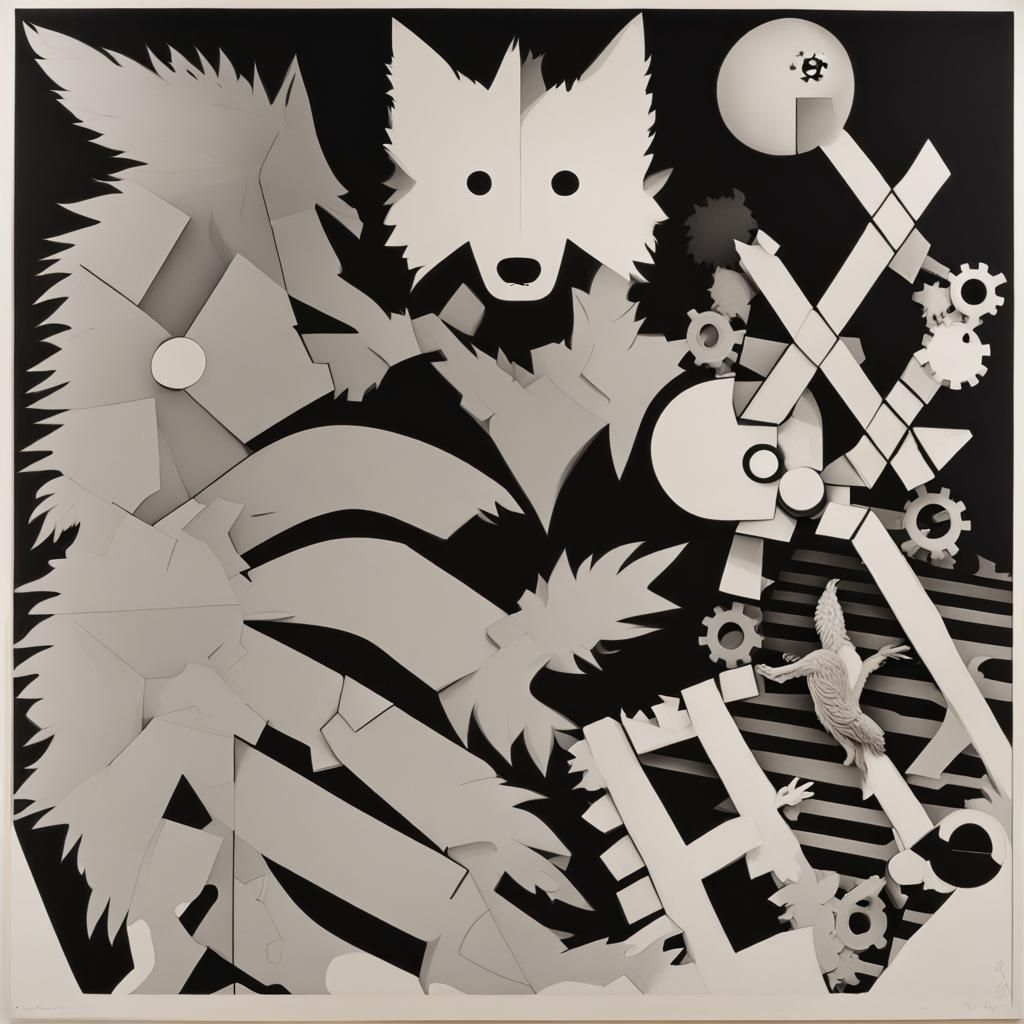 Royagraph of a wolf, Photogram by Man Ray , Wolf,leaves, gears, feathers Sudoku Math nerd Rubik's cube made of Puzzle pi...