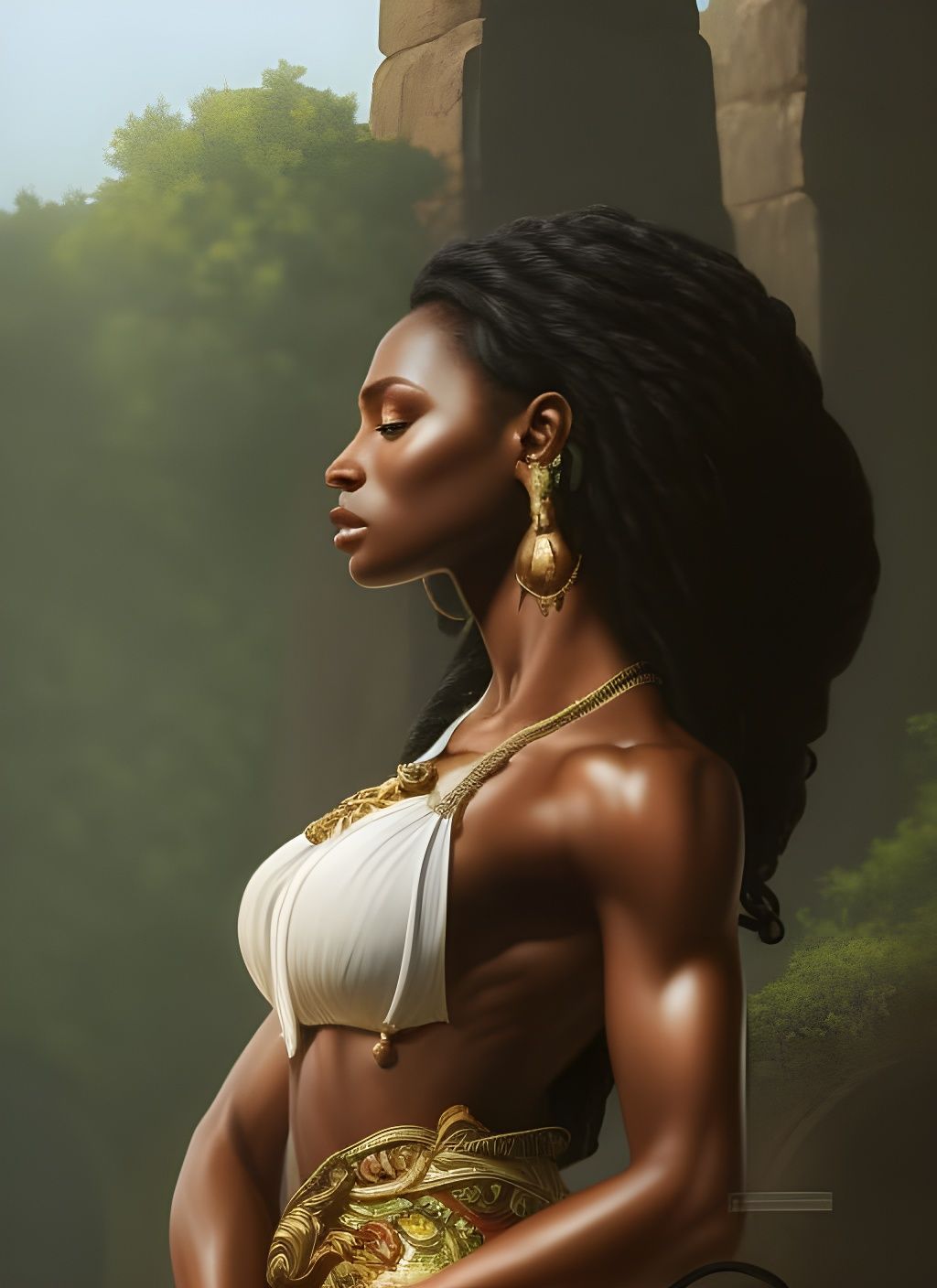 Muscular Woman Leaning on Obelisk: Hyperdetailed Portrait