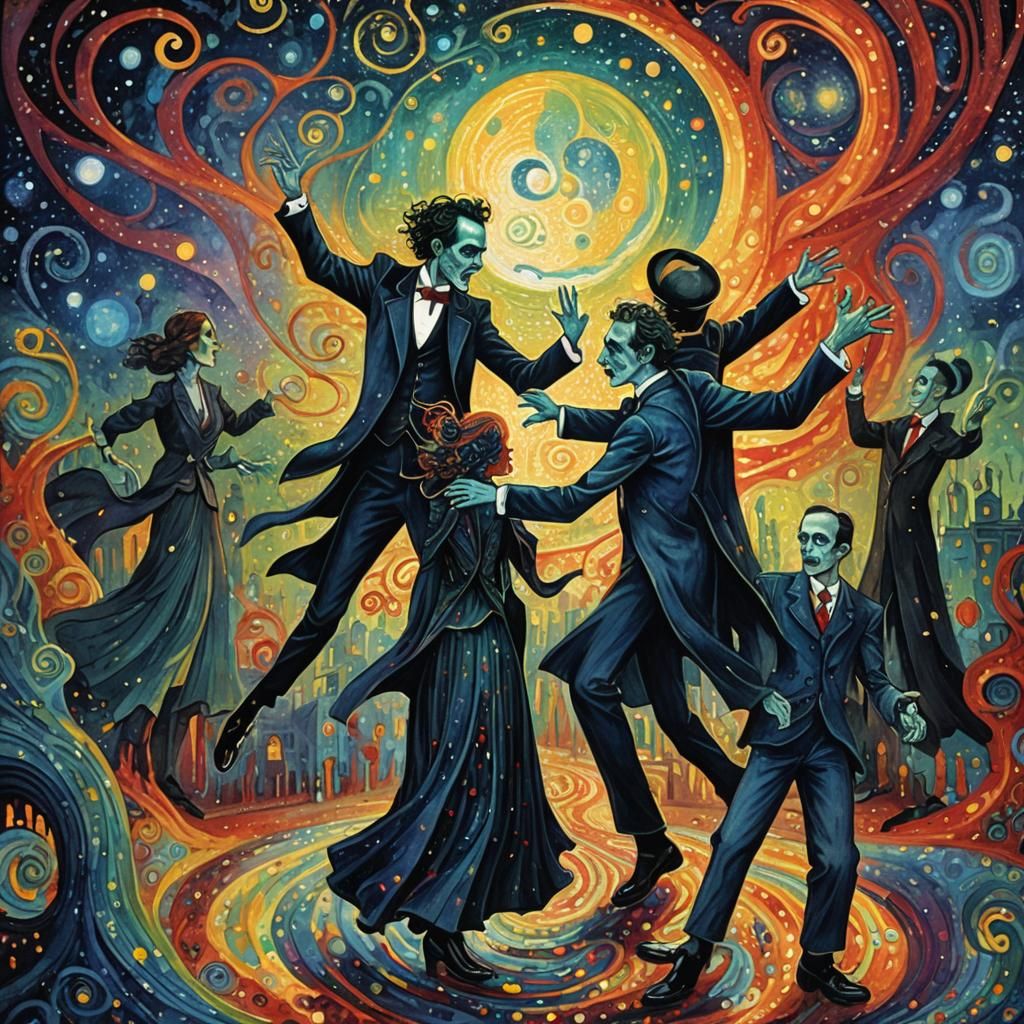 dancing vampires drinking blood art deco kinetic pointillism...