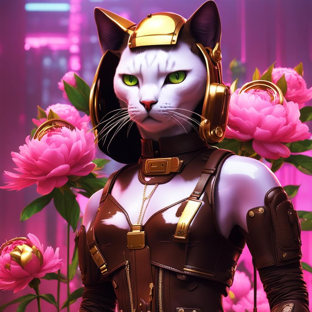 Cyberpunk Cat with Peonies and Gold Highlights