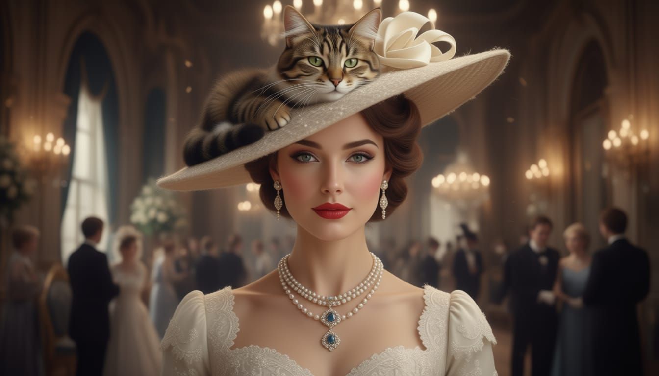 Elegant Woman with Cat Hat, High Fashion Style