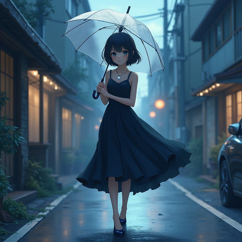 Girl in Black Dress Walks Home in Vibrant Cityscape