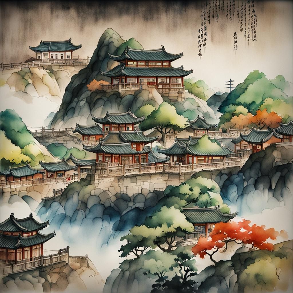 East Asian Inspired Cityscape in Ink and Watercolor