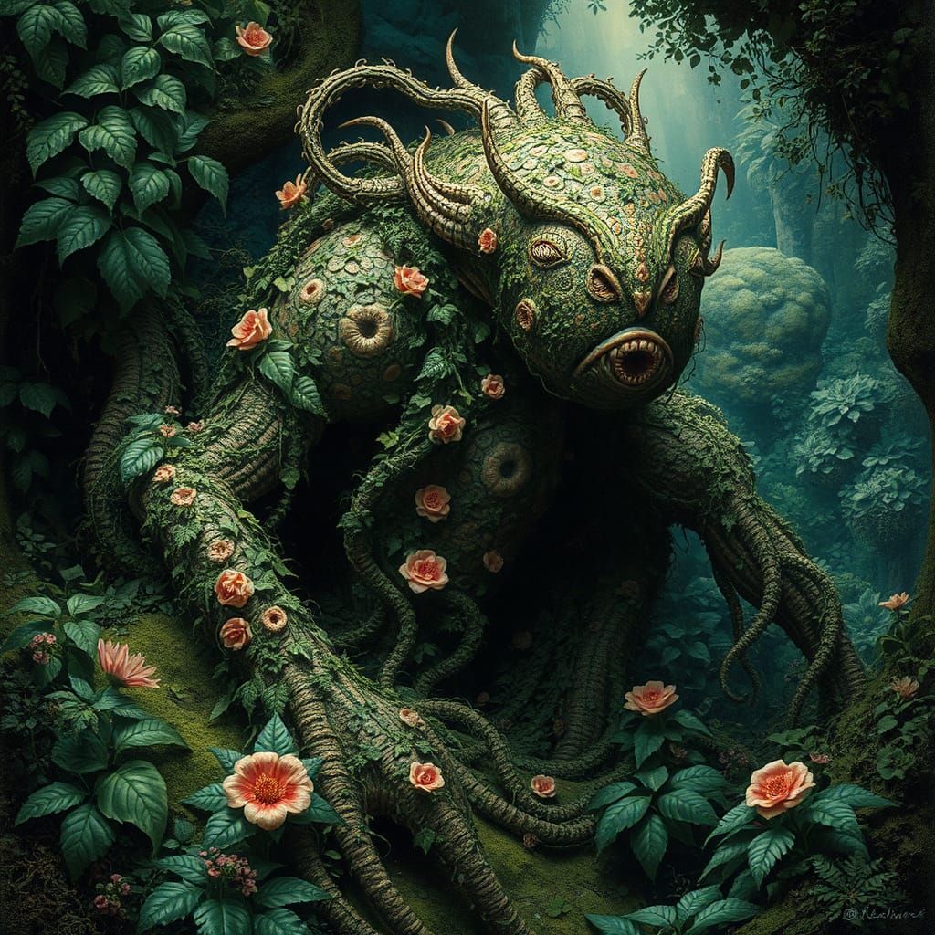 Surreal Biomechanical Being in Lush Environment