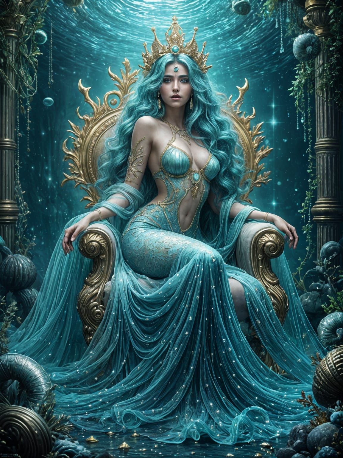 Majestic Mermaid Queen on Throne in Deep Sea