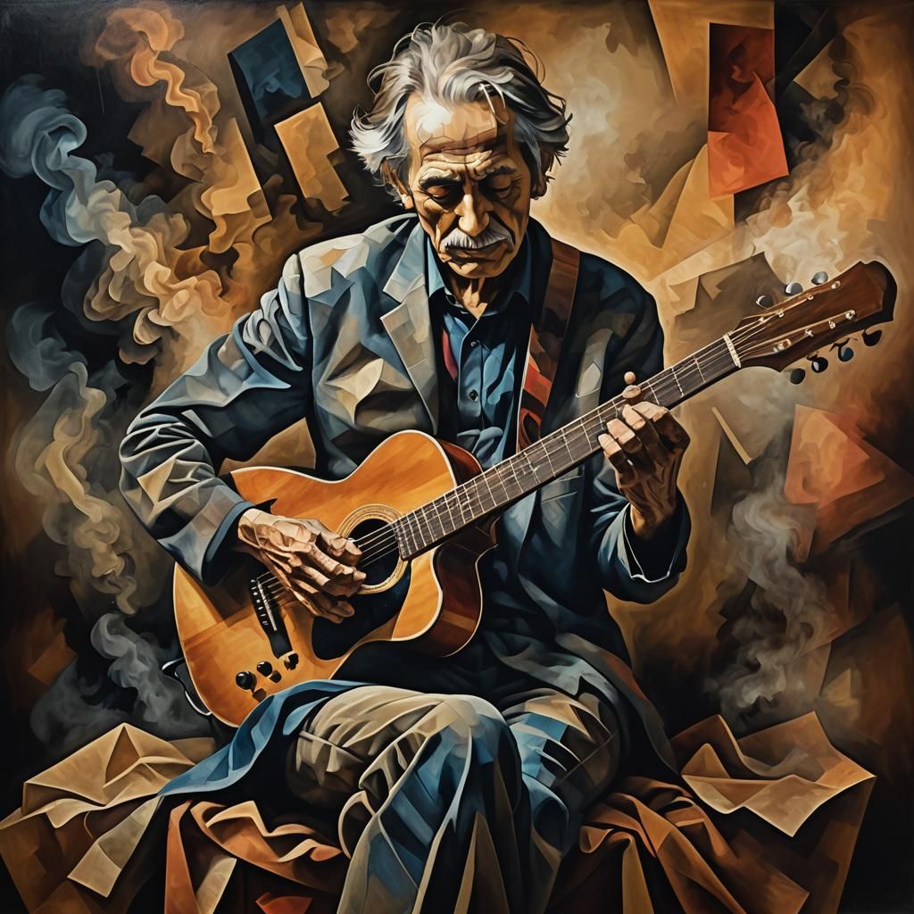Old Guitarist in Smoky Room: Cubist Oil Painting