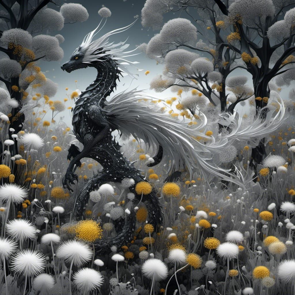 Black Dragon and Dandelions in Art Nouveau Style