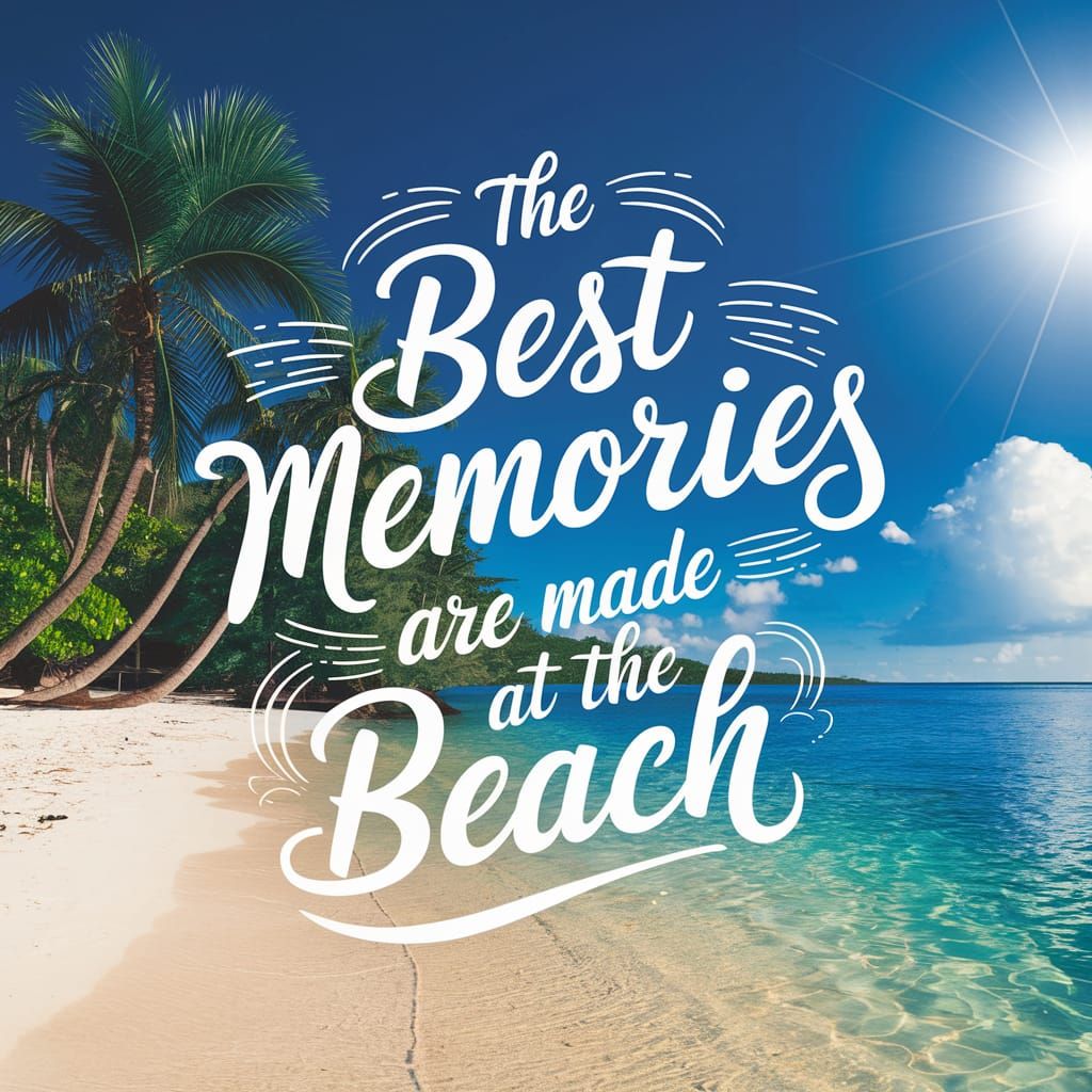 Tropical Beach Scene with Vibrant Text Overlay