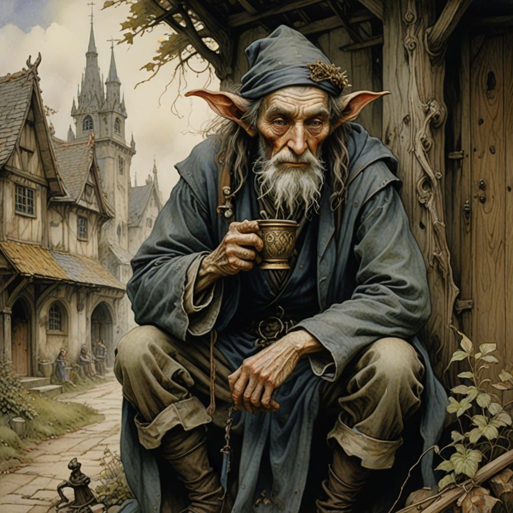 Mystical Beggar with Miniature Model Town