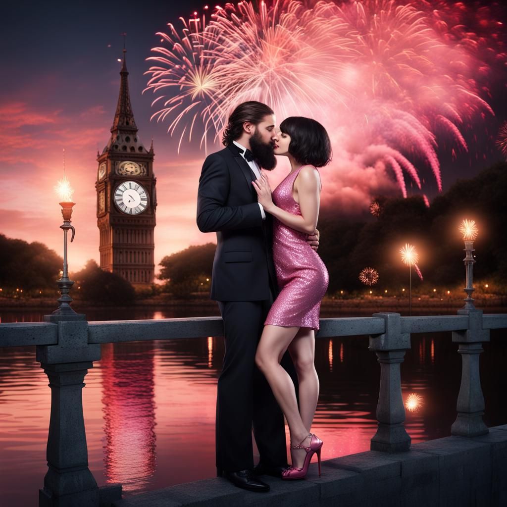 Romantic Midnight Kiss Under Fireworks Display