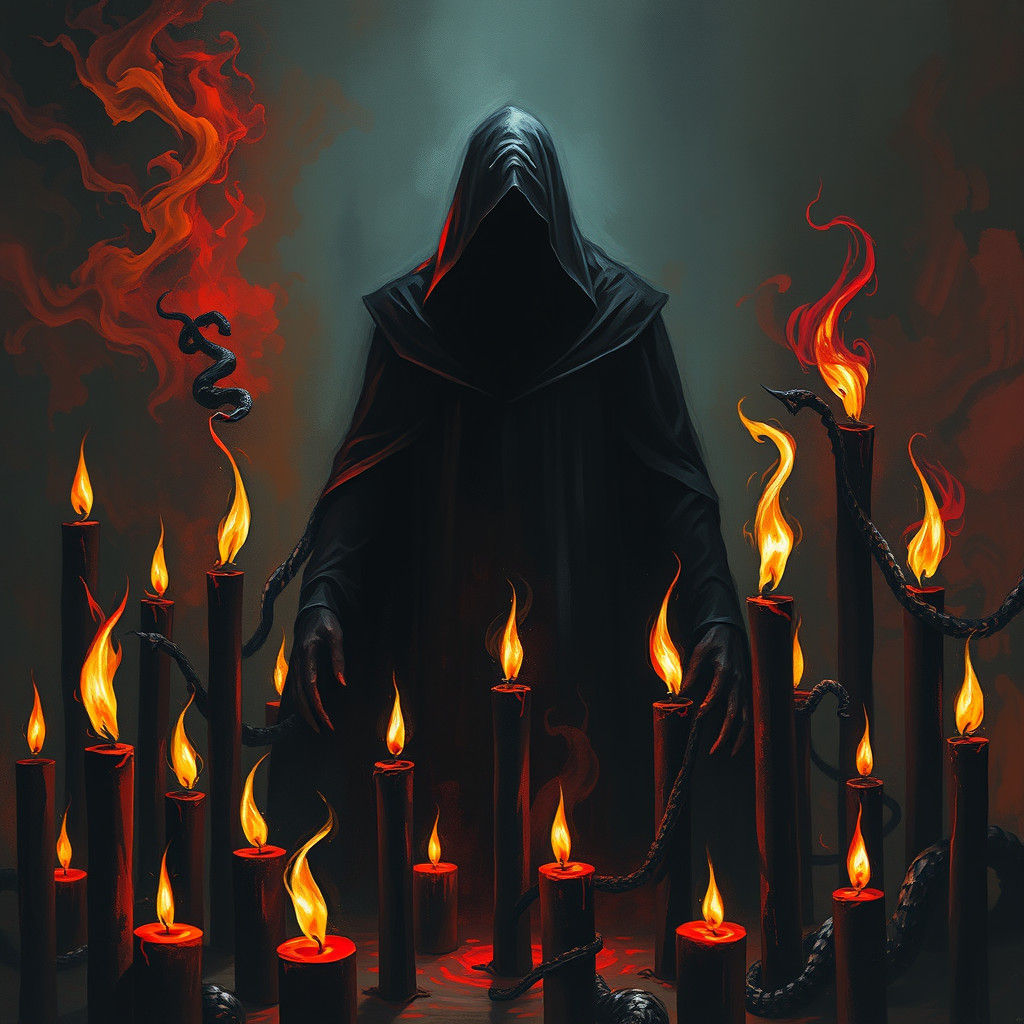 Ominous Figure Casting Spell with Black Candles