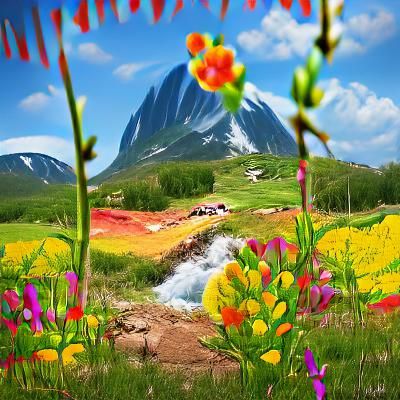 Colorful Mountain Landscape with Stream and Flowers