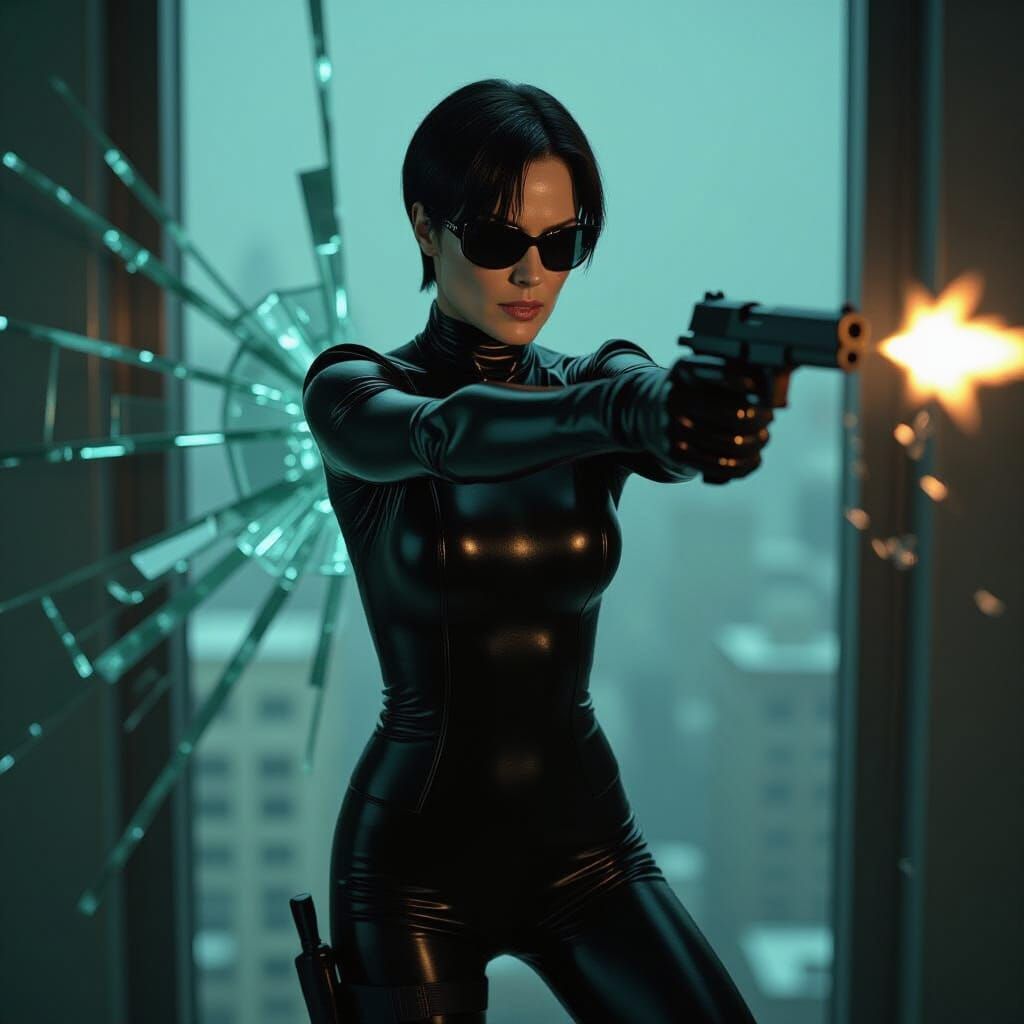 Trinity Leaps Through Window in Matrix Reloaded Action Scene