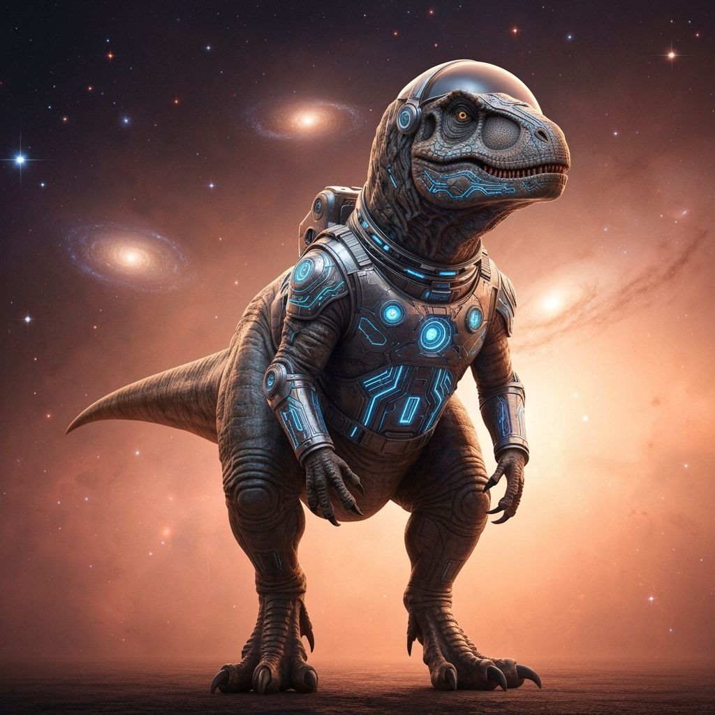 Dinosaur in Spacesuit Stares into Nebula