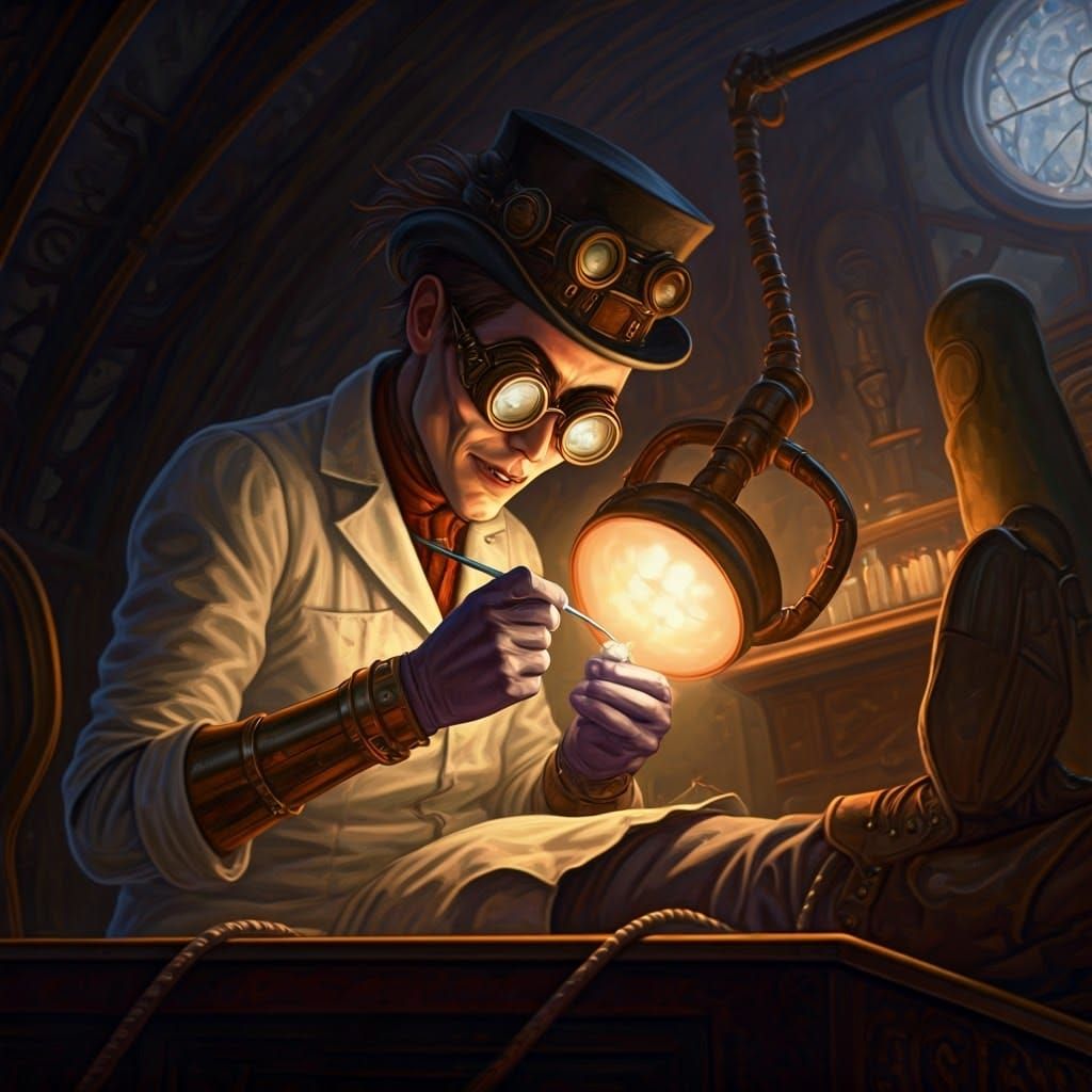 Steampunk Dentist: Macabre Shadows and Vibrant Illustration