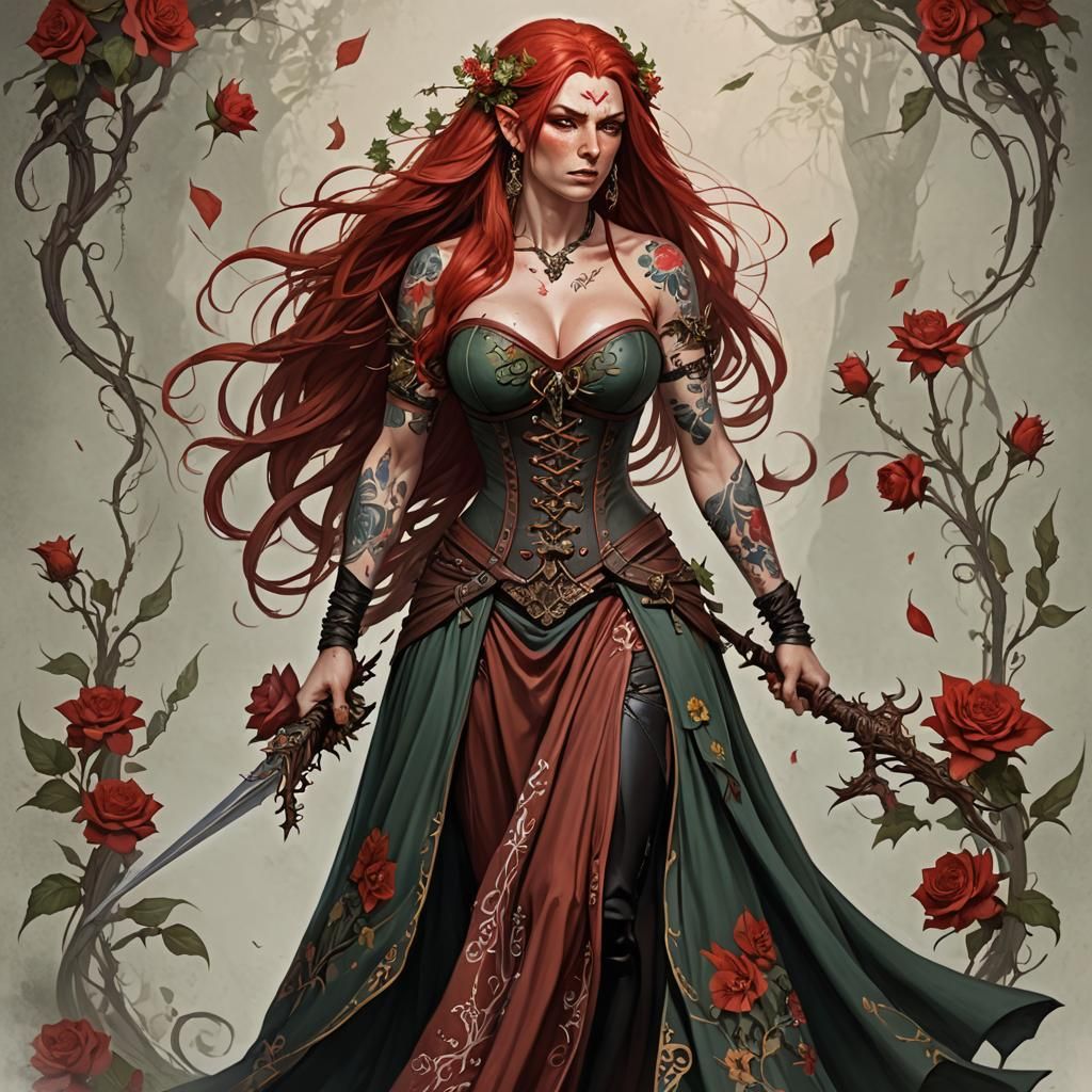 Vindictive Red-Skinned Eladrin Bard with Tattoos