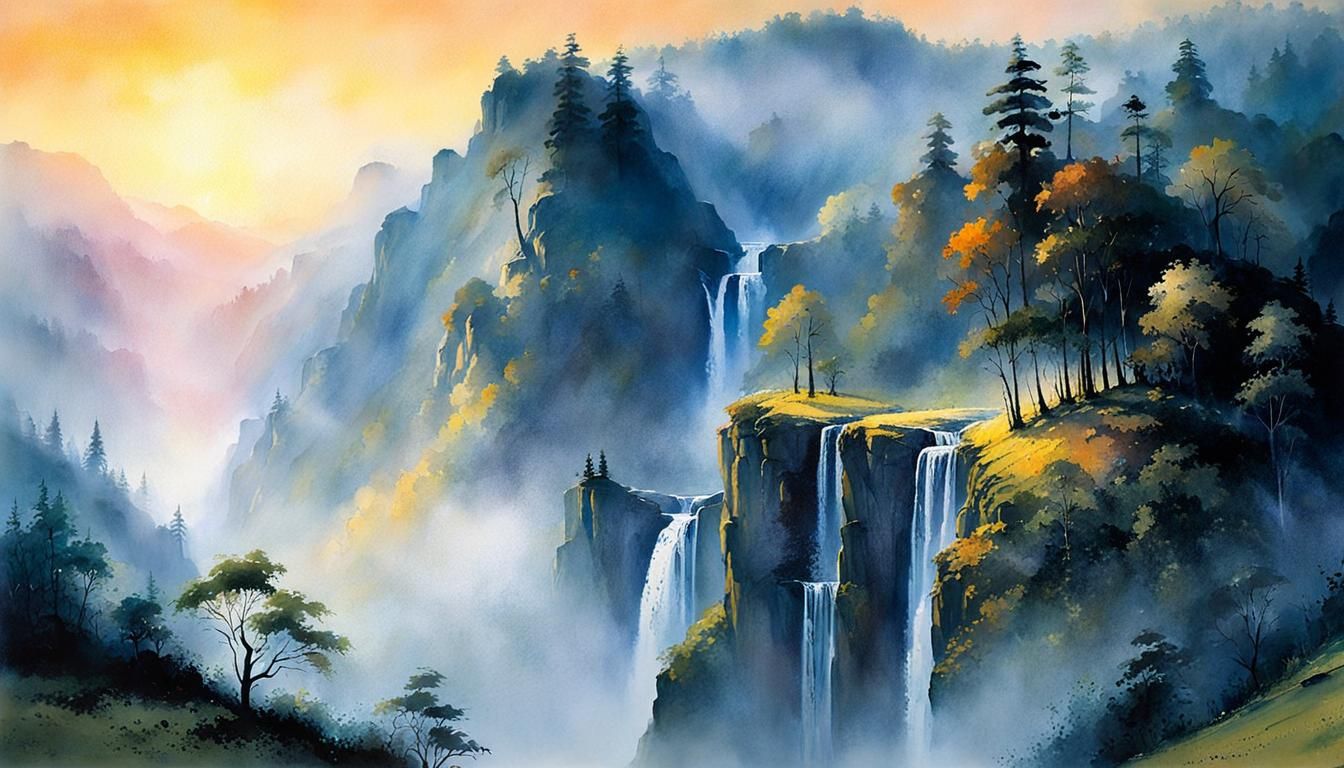 Foggy Valley Waterfall at Sunrise in Watercolor Style