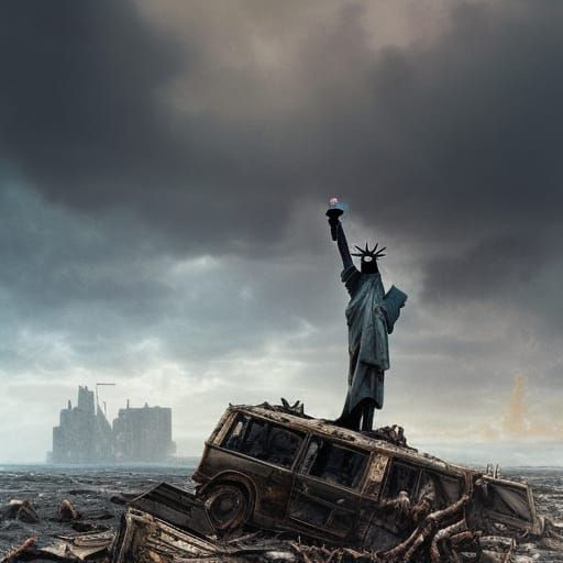 Ruined Statue of Liberty on Desolate Beach