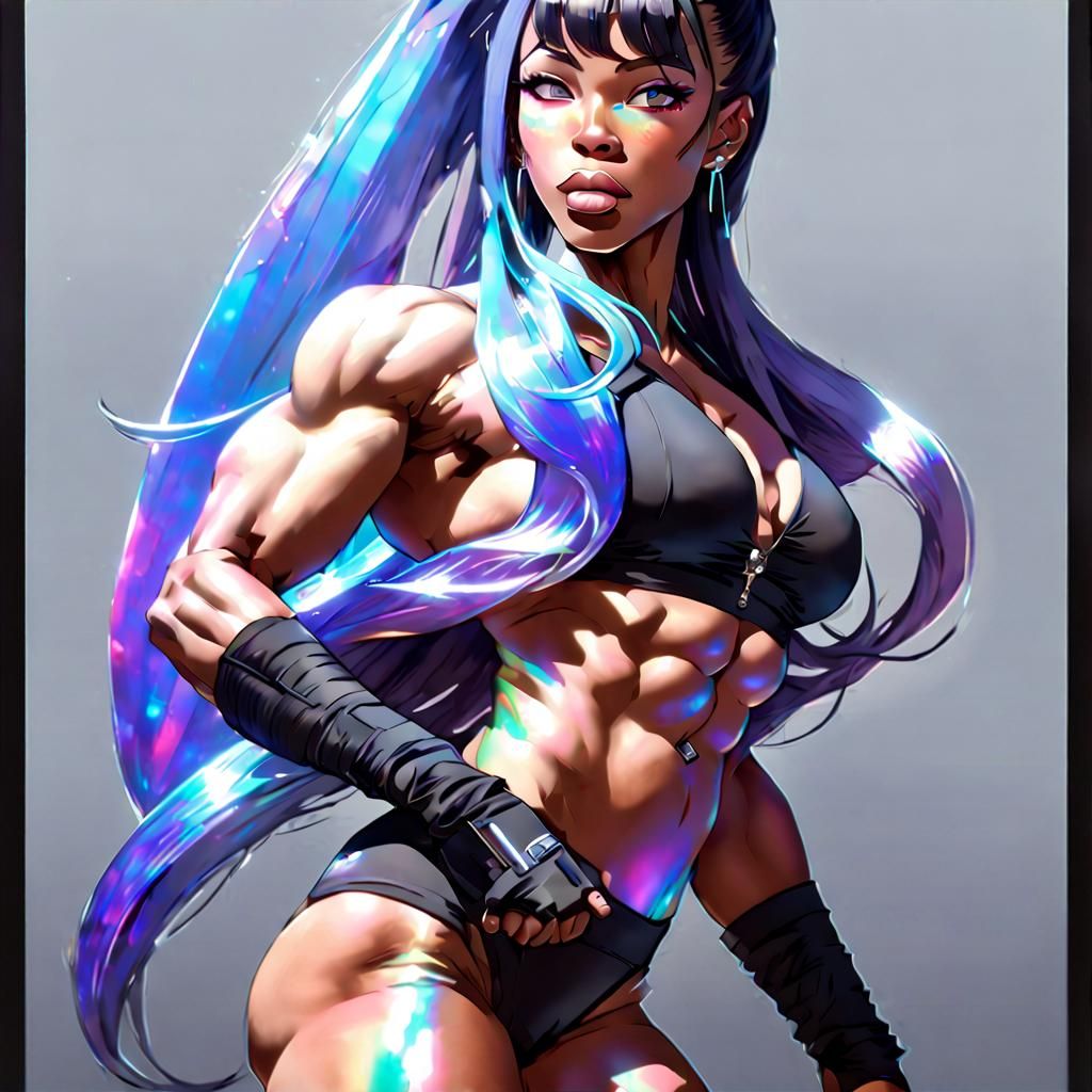 Ebony Female bodybuilder Iris Kyle with long black hair, Posing in holographic glossy Street clothes and Nose piercing ...