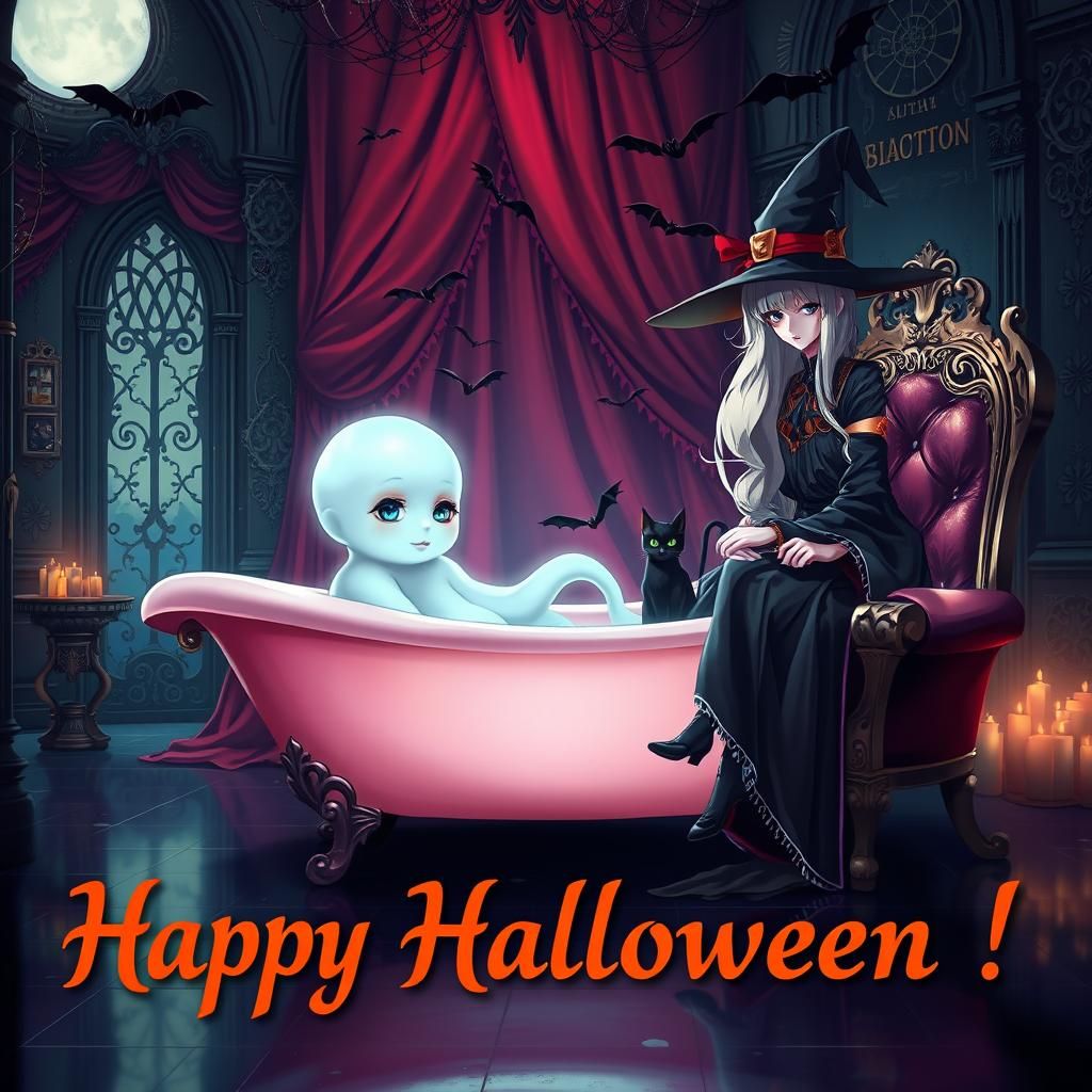 Ghost Bathtub Scene with Witch in Anime Style