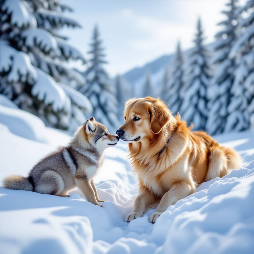 Golden Retriever Rescues Wolf Pup in Snowy Ravine