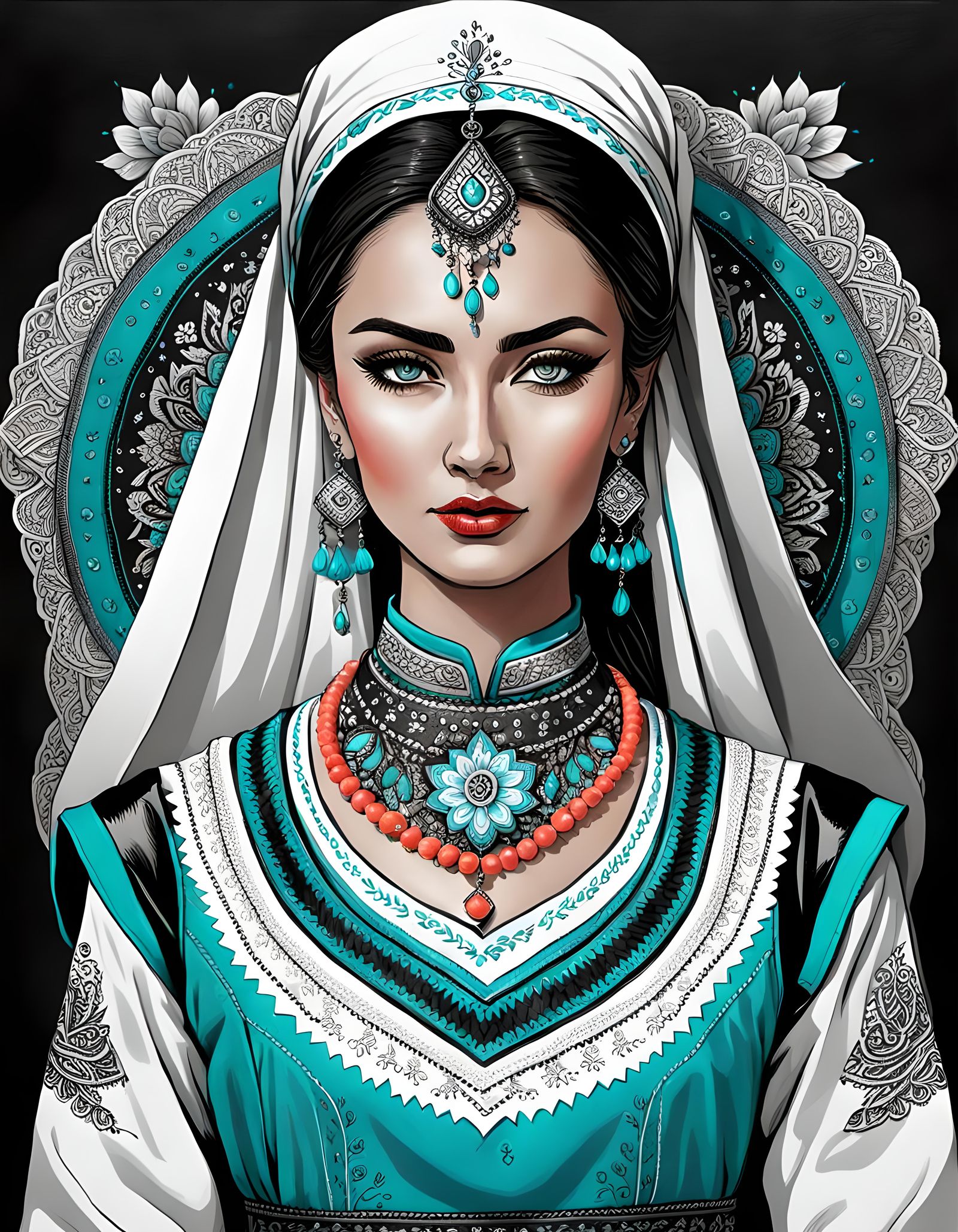 Crimean Tatar Woman Portrait in Ink Drawing Style