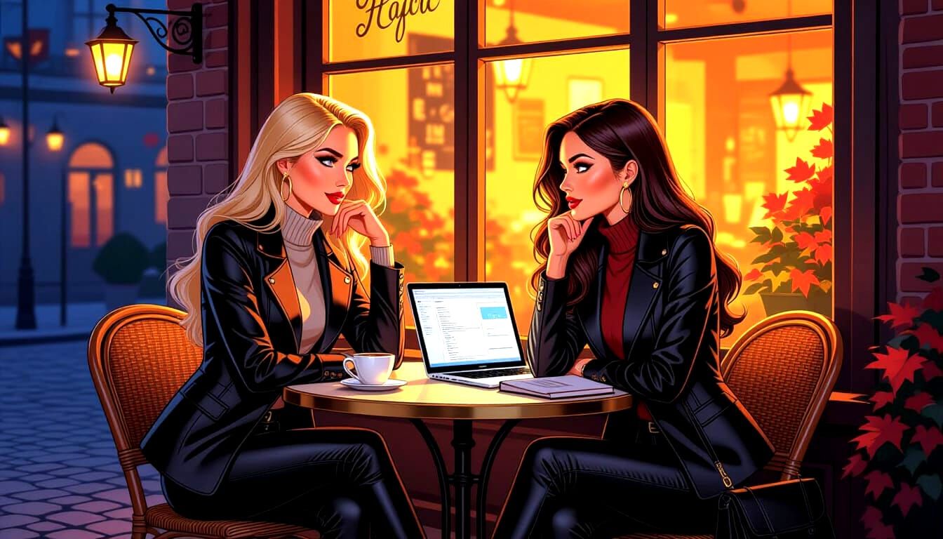 Glamorous Pinup Models Discussing Data in Cozy Autumn Cafe