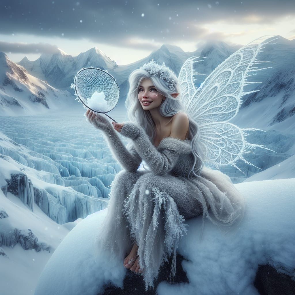 Enchanting Snow Fairy in Realistic Cyberpunk Landscape