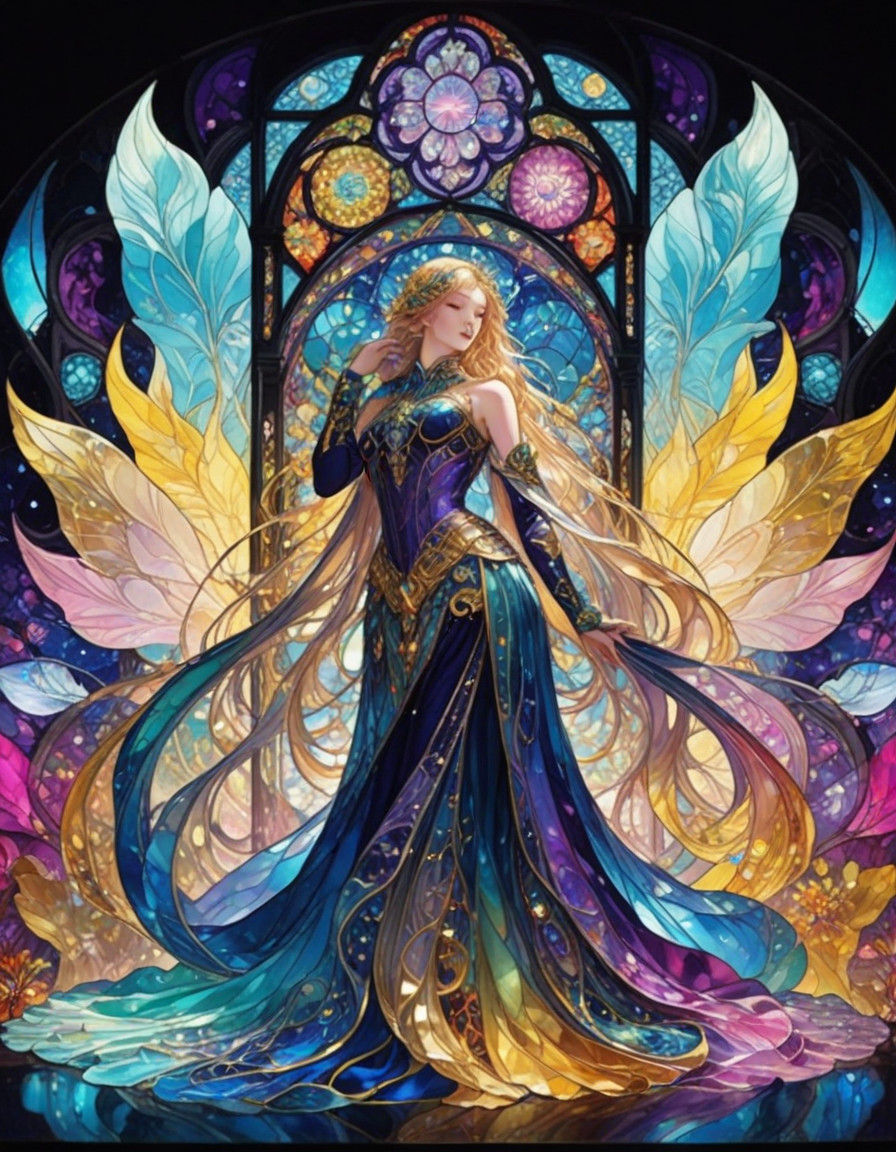 Surreal Stained Glass Manga Masterpiece with Shimmering Gems...